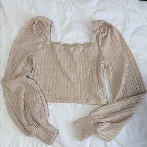 SHEIN Beige Ribbed Puff Sleeve Blouse